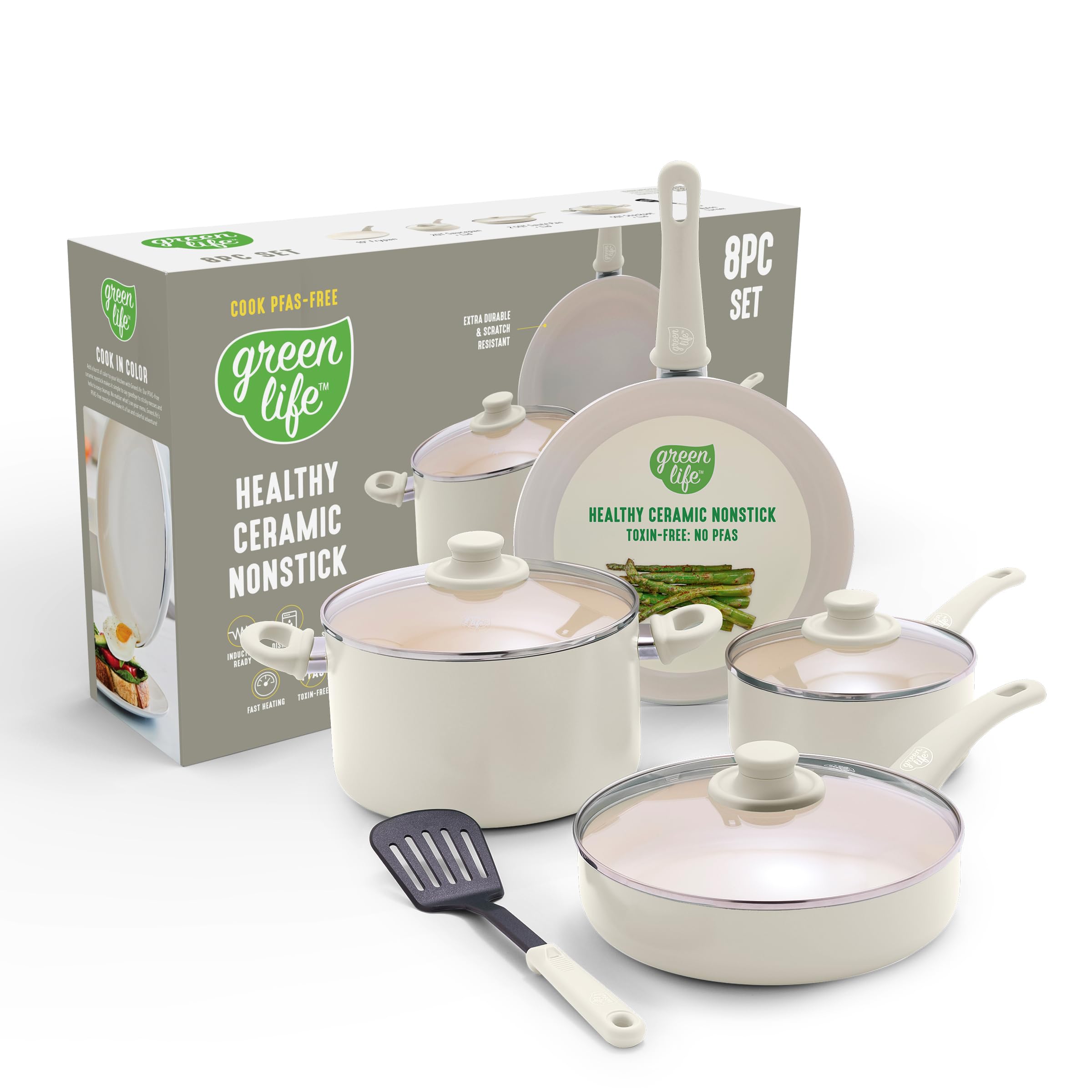 Photo 1 of GreenLife 8 Piece Nonstick Cookware Set, Non-Toxic PFAS-Free Ceramic Pots & Pans, Dishwasher & Oven Safe, Frying, Sauce, Stock Pot, Glass Lids, Stay-Cool Handles, Wobble Free, Cream