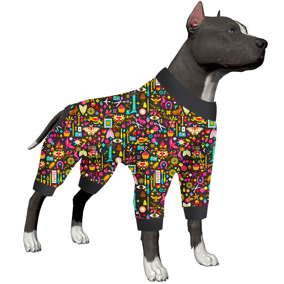 LovinPet Lightweight Pullover Dog Pajamas/Full Coverage Dog Pjs With Black Trim/Handiwork Decoupage Ink Prints/Post Surgery Shirt/UV Protection, Pet Anxiety Relief XL