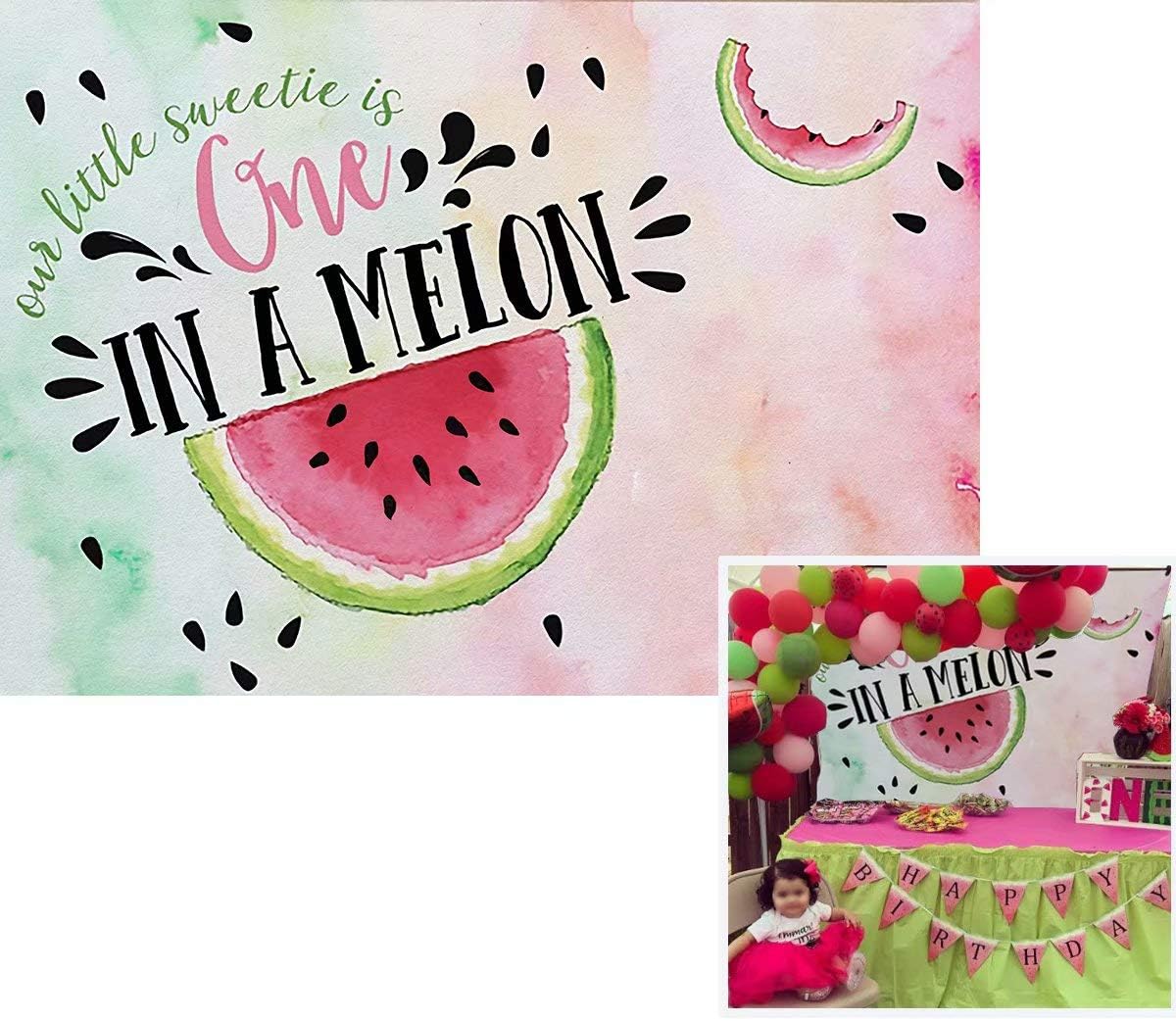 Watermelon 7x5ft Birthday Party Photo Backdrop One in a Melon Party Supplies Banner Vinyl 1st Birthday Background Decorations FW-2009