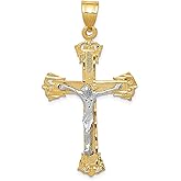 Real 14k Two Tone Gold Crucifix Cross Pendant Necklace for Men and Women Catholic Religious Jewelry with Christ Figure Ornate Detail Faith Charm Spiritual Symbol Polished Luxury Statement Piece