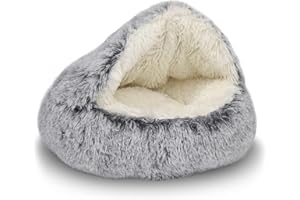 ShinHye Cat Bed Round Plush Fluffy Hooded Cat Bed Cave, Cozy for Indoor Cats or Small Dog beds, Soothing Pet Beds Doughnut Calm Anti-nxiety Dog Bed - Waterproof Bottom Washable (20×20inch, Grey)