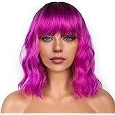 LANCAINI Colourful Short Bob Wigs with Bangs for Women Loose Wavy Wig Curly Wavy Shoulder Length Bob Synthetic Cosplay Wig for Girl Colorful Costume Wigs, Black-Rose mixed Purple