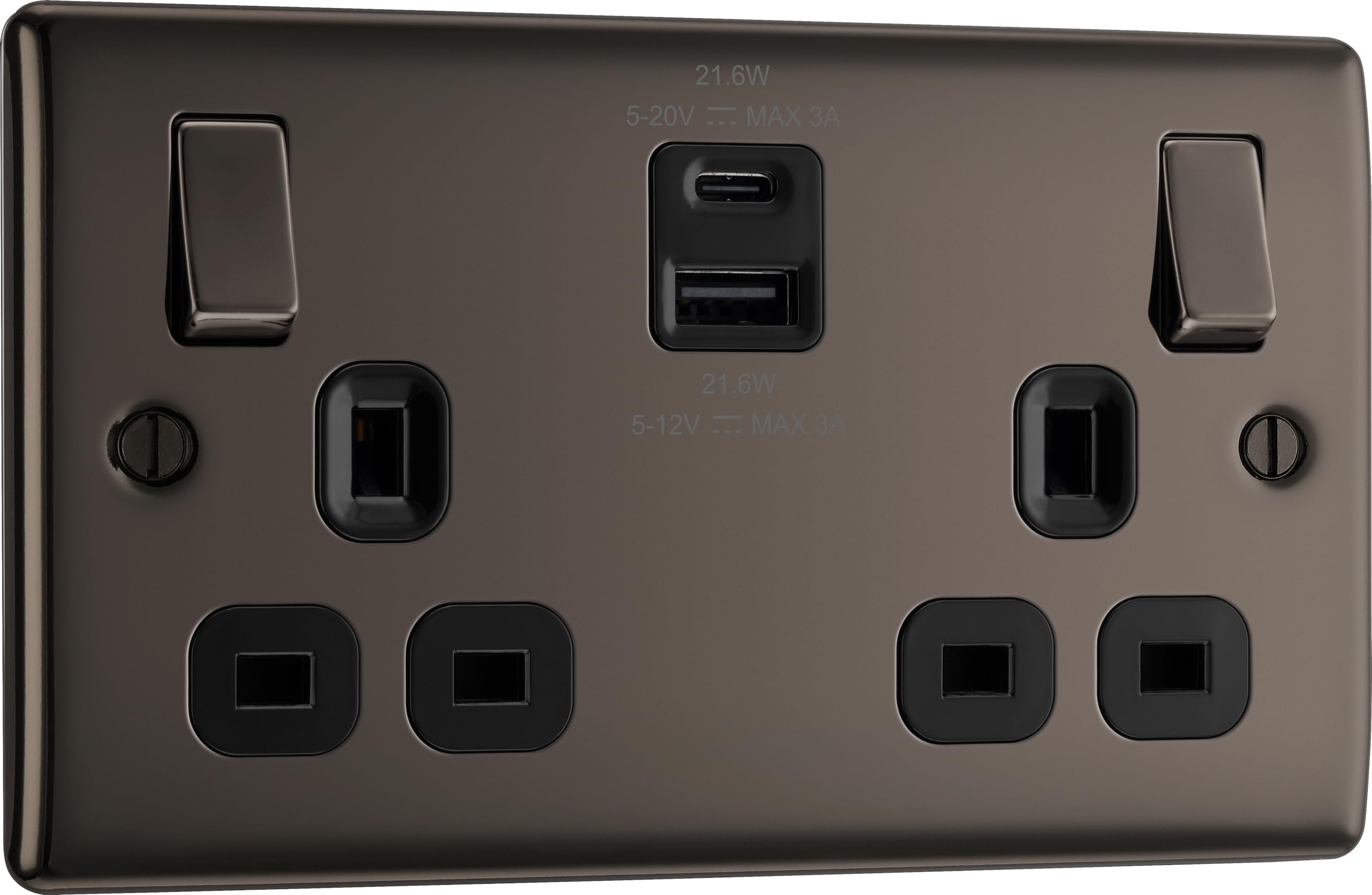 BG Electrical 22W Double Switched Power Wall Plug Socket with Fast Charge USB A and USB C Charging Ports, Nexus Metal, Black Nickel, 13A, NBN22UAC22B