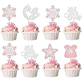 LXASIY Snowflake Cupcake Toppers, 24 Pack Glitter Winter Frozen Theme Cupcake Picks for Birthday Party, Baby Shower, Christmas Decorations