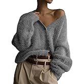 Flygo Womens Fuzzy Mohair Cardigan Sweaters V Neck Button Down Long Sleeve Fluffy Knit Open Front Slouchy Furry Sweater