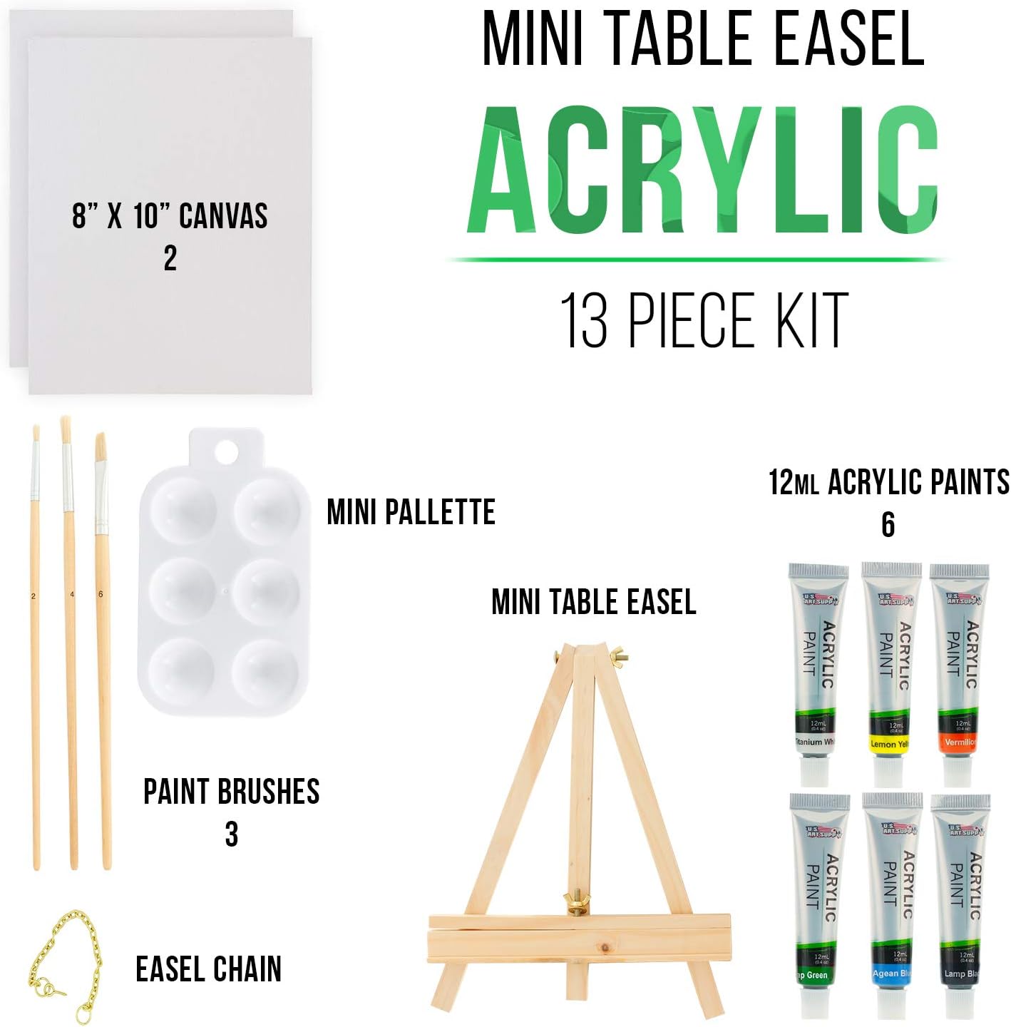 U.S. Art Supply 13-Piece Acrylic Artist Painting Set with Mini Table Easel, Canvas Panel, Brushes & Palette