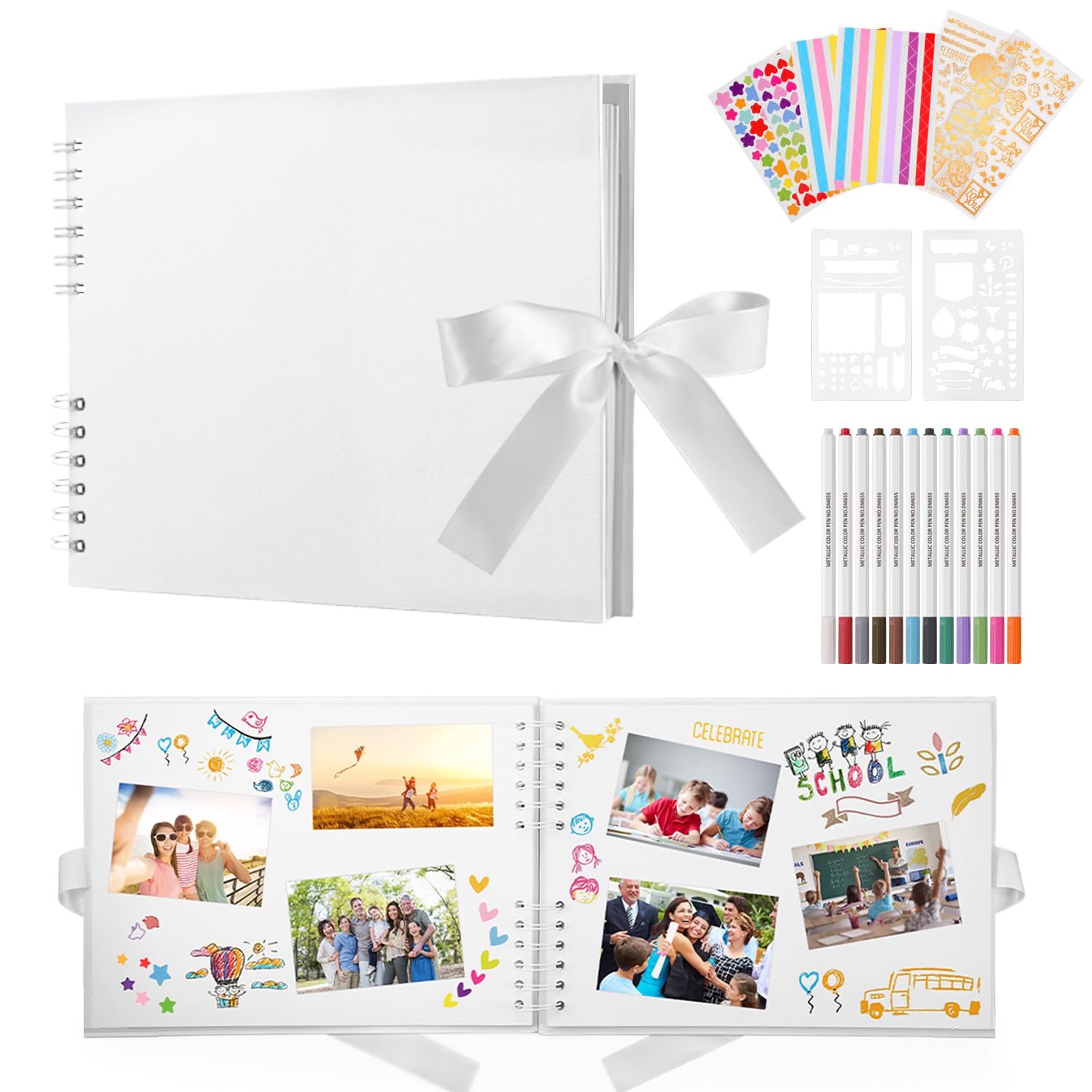 DazSpirit Photo Album Scrapbook - 80 Page DIY Memory Book with 12 Metallic Pens & 8 Photo Stickers, Holds 420 Photos - Scrapbook Kit, Perfect for Writing, Drawing, and Storing Memories(White)
