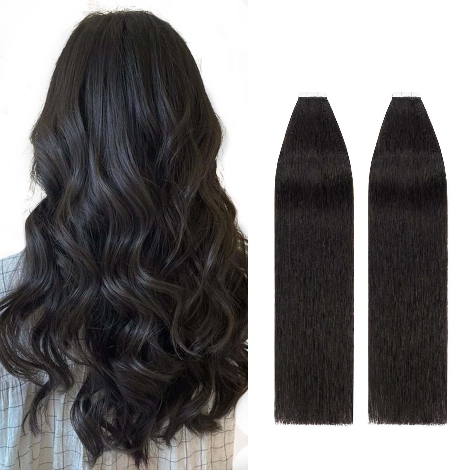 40Pcs Tape in Hair Extensions 16inch Real Human Hair Extension 100g #1B Natural Black Skin Weft Seamless Straight Full Head