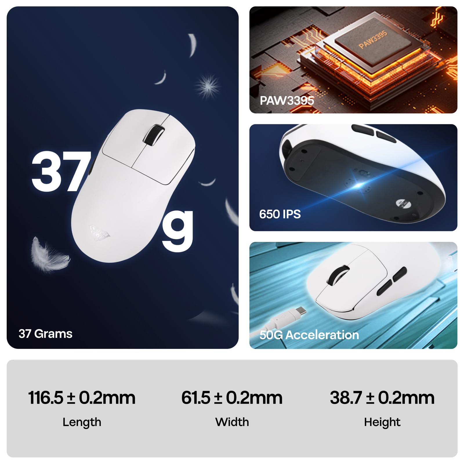 EPOMAKER Aula SC800 Wireless Gaming Mouse, 37g Lightweight, Adjustable 26,000 DPI, 8k Polling Rate, PAW3395, Programmable Buttons, On-Board Memory, 250mAh Battery, PC/MAC/Linux (White)