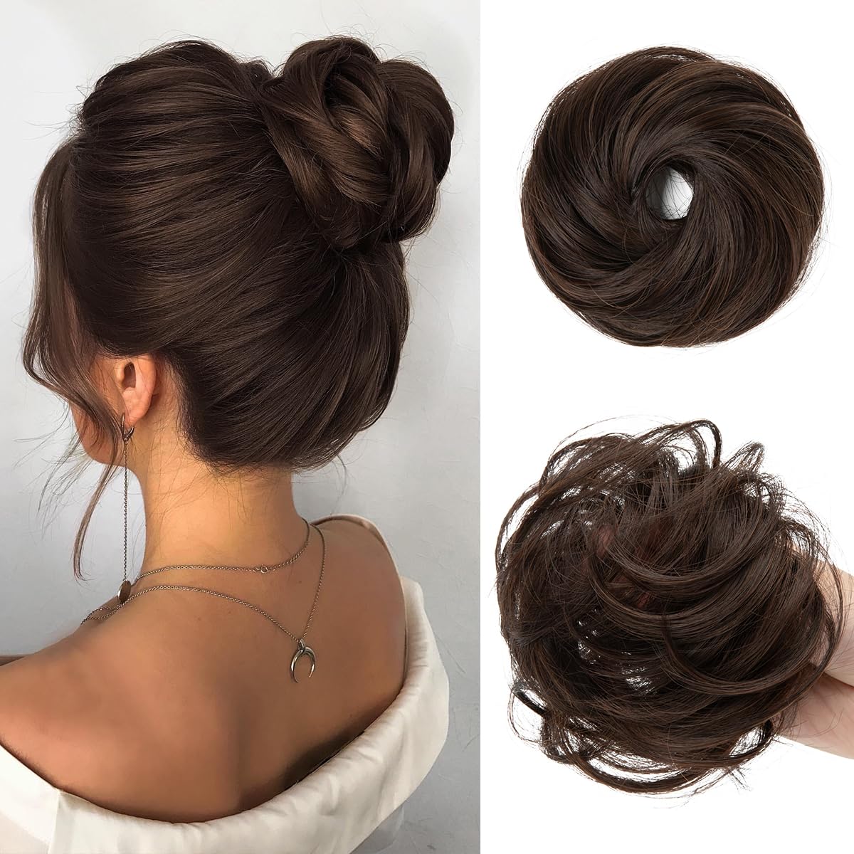 Photo 1 of CJL HAIR 2PCs Small Cute Messy Bun Hair Piece for Thin Hair Women Mini Synthetic Curly Bun Scrunchies Updo Hairpieces Dark Chocolate