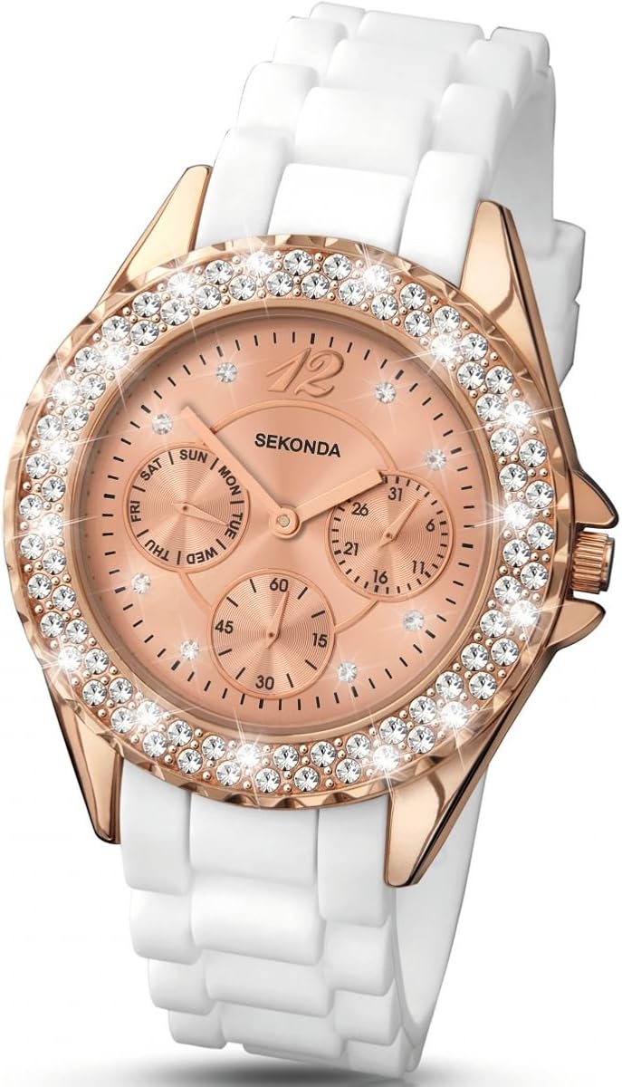 Sekonda 37mm Womens Classic Quartz Watch Rose Gold Dial White Silicone Strap Day Date Display 30m Water Resistant Mineral Glass 2-Year Guarantee