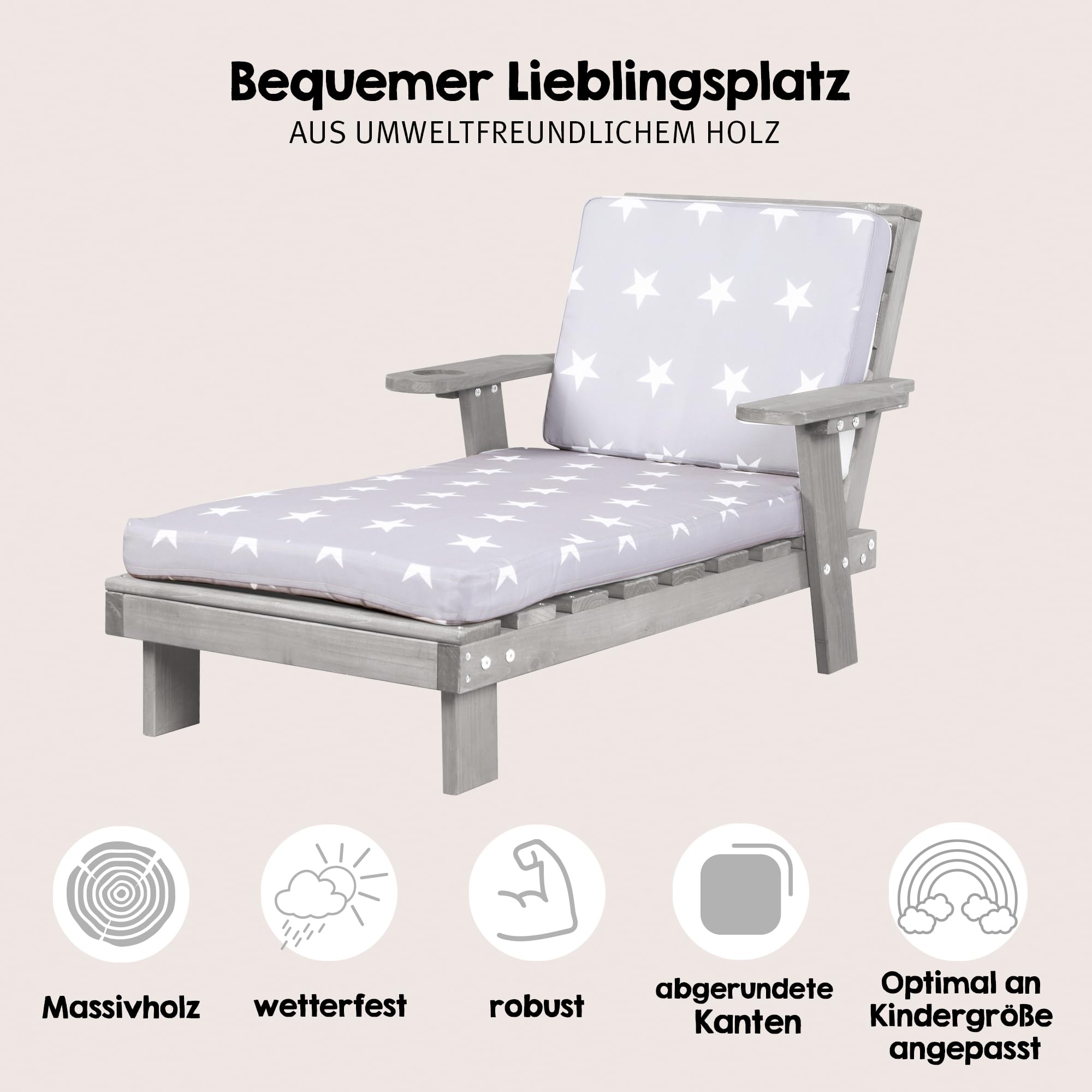 roba Gartenliege für Kinder - Sonnenliege aus Holz mit Getränkehalter - Geeignet für Kleinkinder ab 18 Monaten - Inklusive Polster im Little Stars Design - Wetterfest - Grau 8