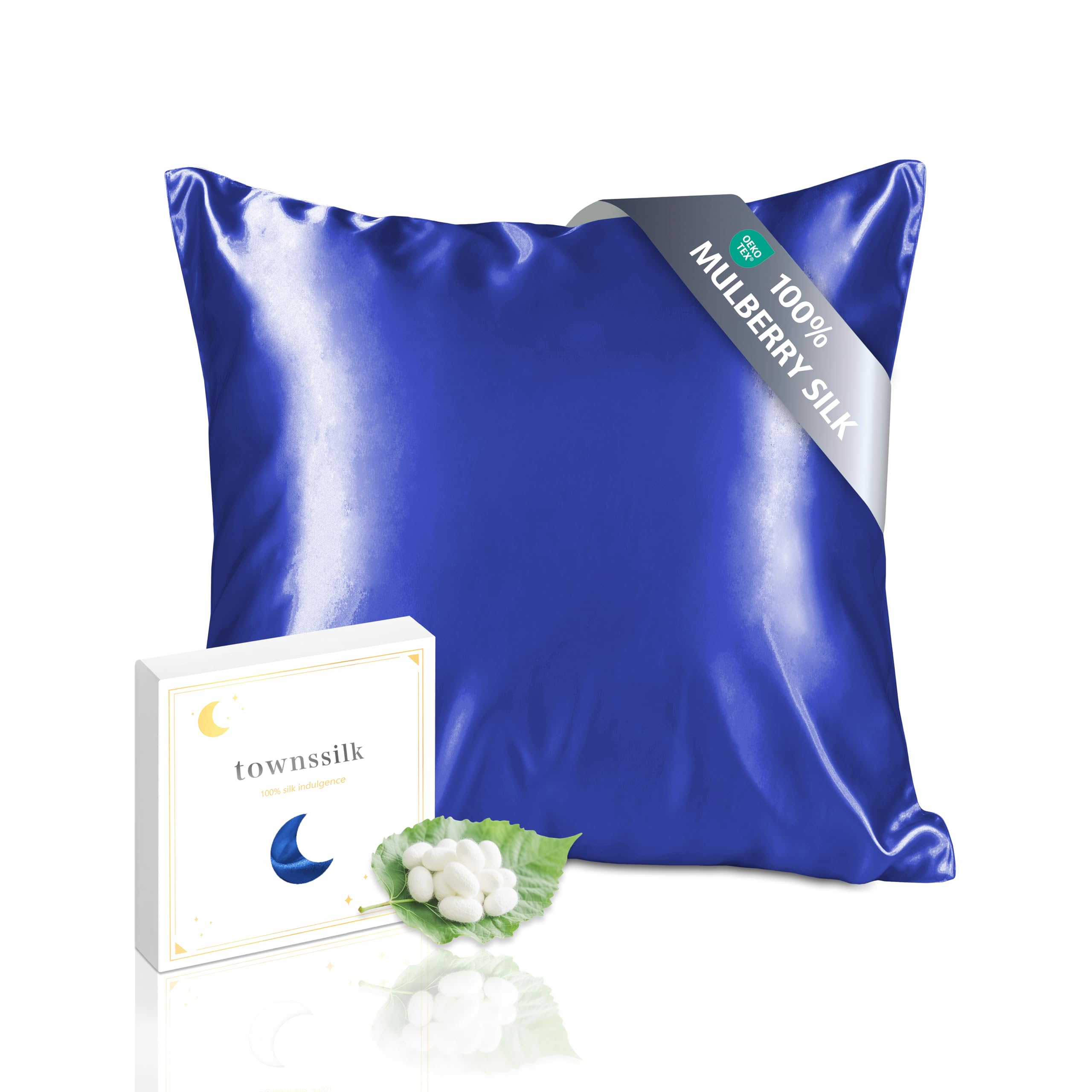 townssilk 100% 19 mm Pure Mulberry Silk Pillowcase for Hair and Skin Health, Pillowcase with Hidden Zip, 600 Thread Count, 1 Piece, Size 50 x 50 cm, Royal Blue