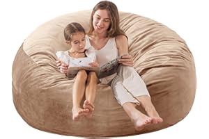 EDUJIN 5 ft XLarge Bean Bag Chair: 5' Memory Foam Filled Bean Bag Chairs for Adults with Filling,Ultra Soft Dutch Velvet Cover,Round Fluffy Lazy Sofa for Living Room - 5 Foot Giant, Camel