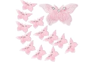 FixrWre 12 Pieces 3D Rhinestones Lace Embroidery Butterflies Appliques, Sewing Craft Double Layers Organza Patches for Wedding Bride Dress Clothes Hat Curtain (Pink)