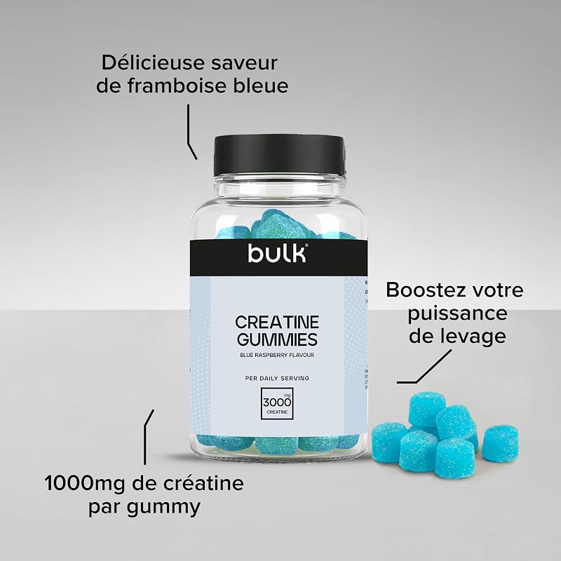 Bulk Gummies de Créatine 1 000 mg par Gummy, Framboise Bleue, 60 Gummies, Créatine pour la Performance Sportive, Force et Puissance, Format Pratique, Faciles à Consommer