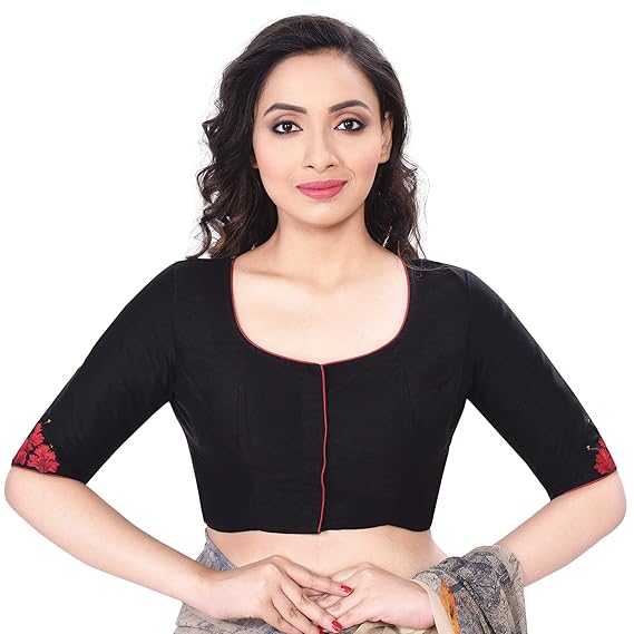 Women's Cotton Slub Embroidered Blouse (D-1005383-Black)