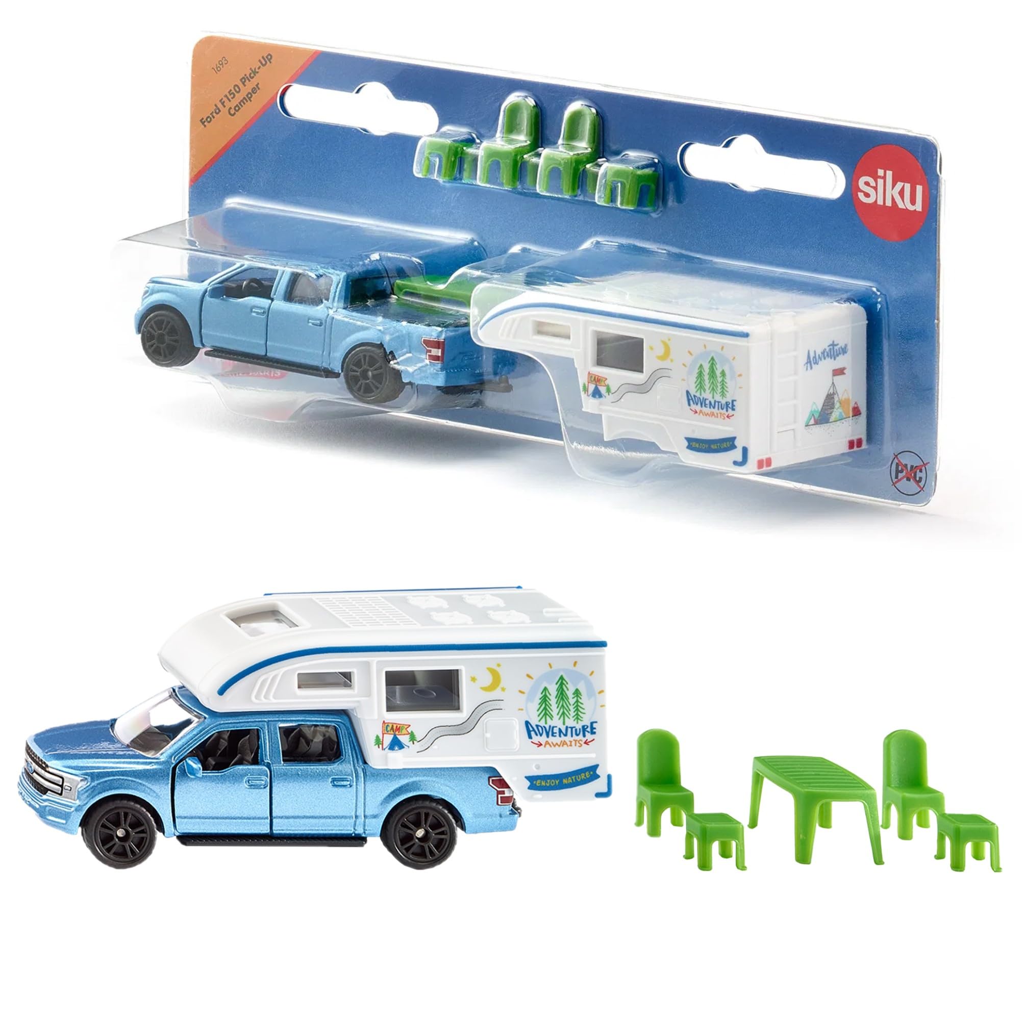 siku 1693, Ford F150 Pick-Up Camper, Metal,Plastic, Blue,White, Chairs, stool and table, Extendable awning — image 1