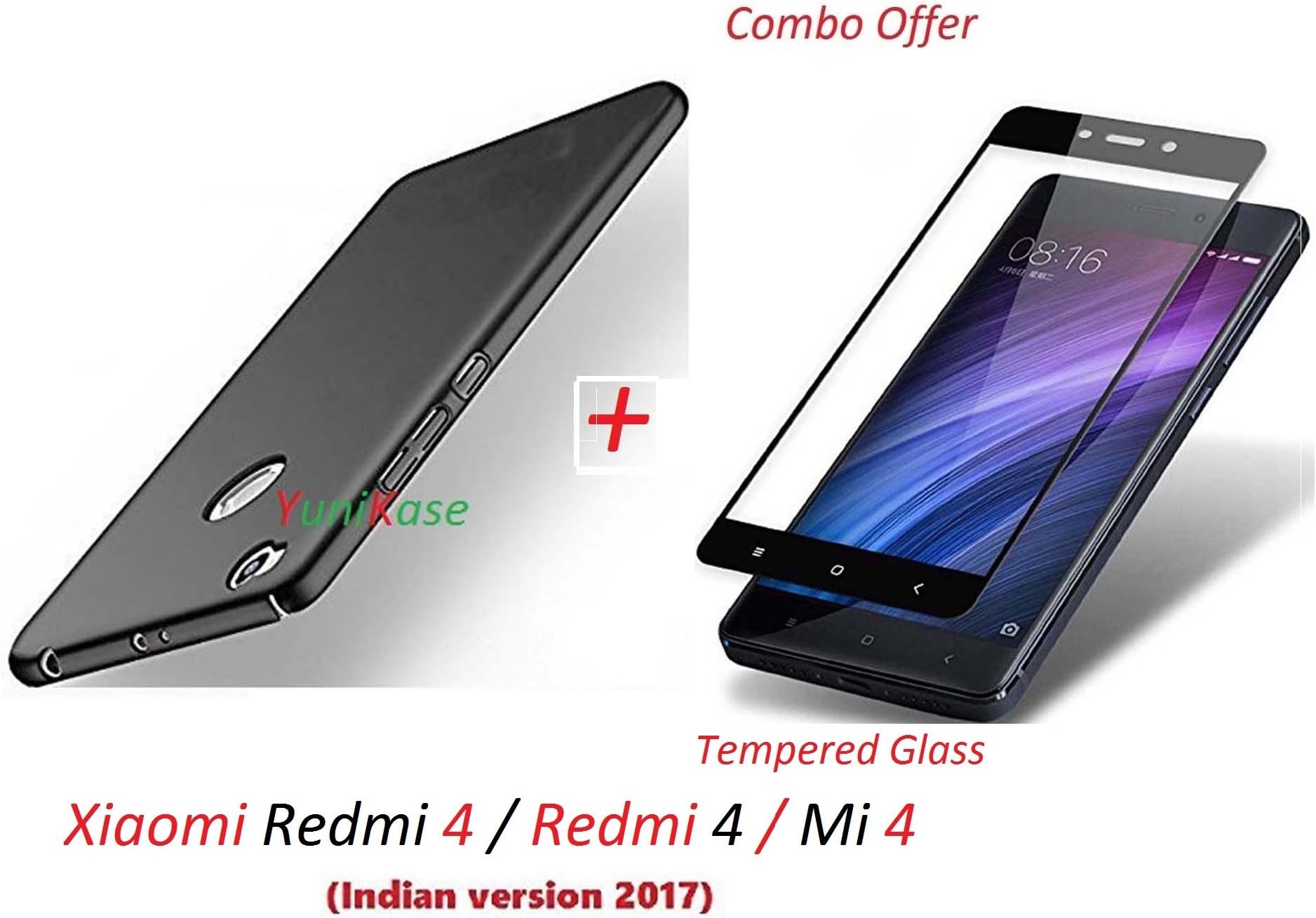 YuniKase (COMBO OFFER) Xiaomi Redmi 4 / Redmi 4 / Mi 4 / Redmi4 / Mi4 All Sides Protection "360 Degree" Sleek Rubberised Matte Hard Case Back Cover ( Black ) + 2.5D curved 3D Edge to Edge Full Screen Tempered Glass Mobile Screen Protector - - - ( Black ) (Not Compatible for Redmi Note 4)
