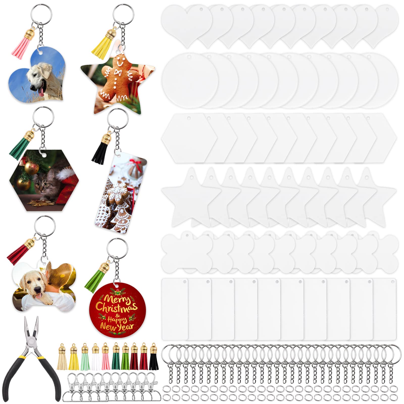 Mardatt 211 Pcs Acrylic Keychain Blanks Shape Assortment Kit Contains Clear Key Chain Blank Ornaments, Tassel, Key Ring Clips, Open Jump Rings and Pliers for DIY Crafts Projects
