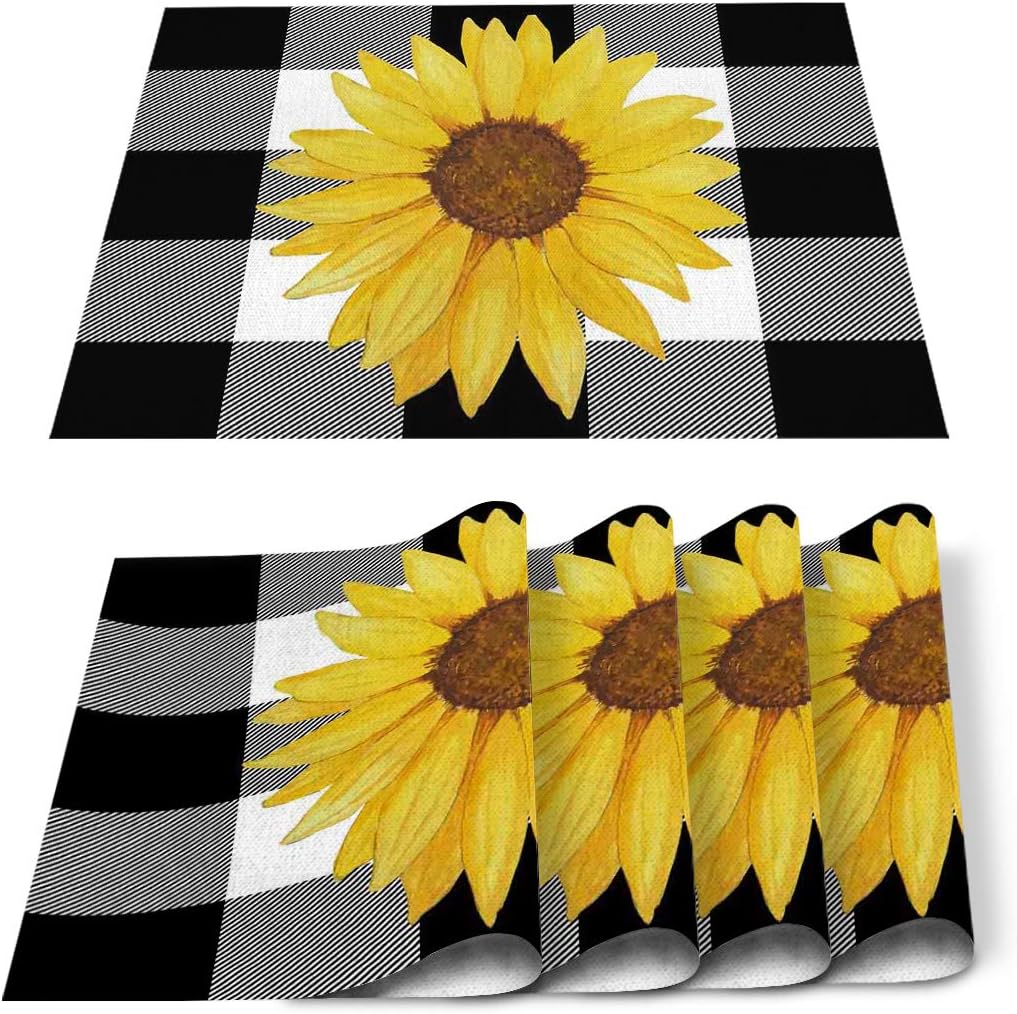 Victories Placemats for Dining Table-Farm Sunflower Buffalo Plaid Black and White Heat Insulation Stain Resistant Placemats Set of 6,Washable Table Mats for Home Kitchen Christmas Wedding Decor