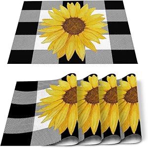 Victories Placemats for Dining Table-Farm Sunflower Buffalo Plaid Black and White Heat Insulation Stain Resistant Placemats Set of 6,Washable Table Mats for Home Kitchen Christmas Wedding Decor
