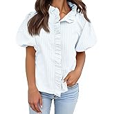 Tankaneo Womens Short Puff Sleeve Button Down Shirts Summer Ruffle Striped Work Tops Stand Collar Trendy Casual Loose Blouse