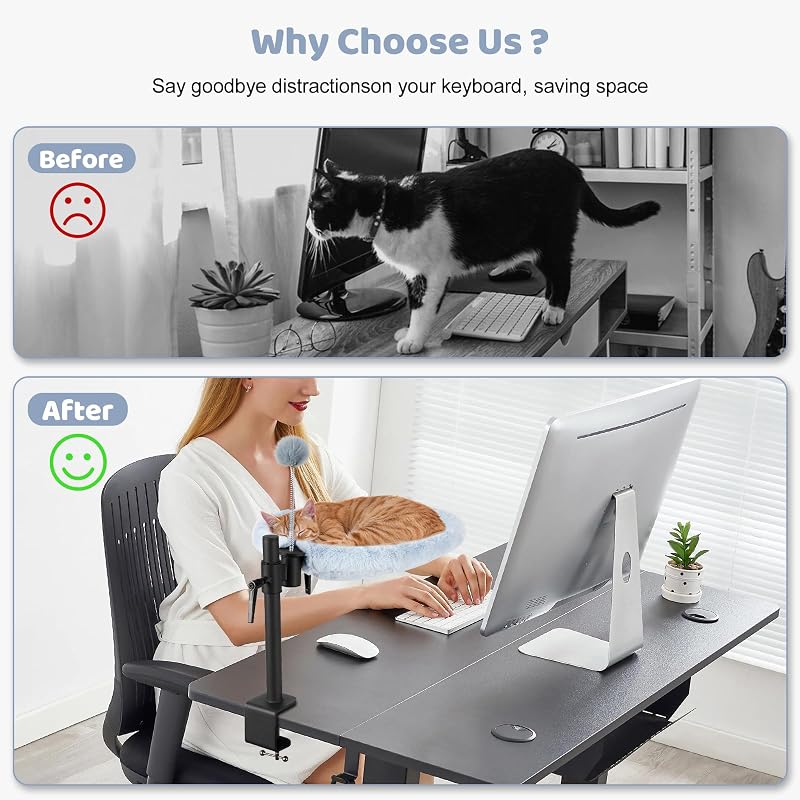 Lit de Bureau pour Chat - Rotation à 360° réglable en Hauteur - Hamac pour Chat d'intérieur avec Maille et Tissus lavables en Peluche (Blanc)