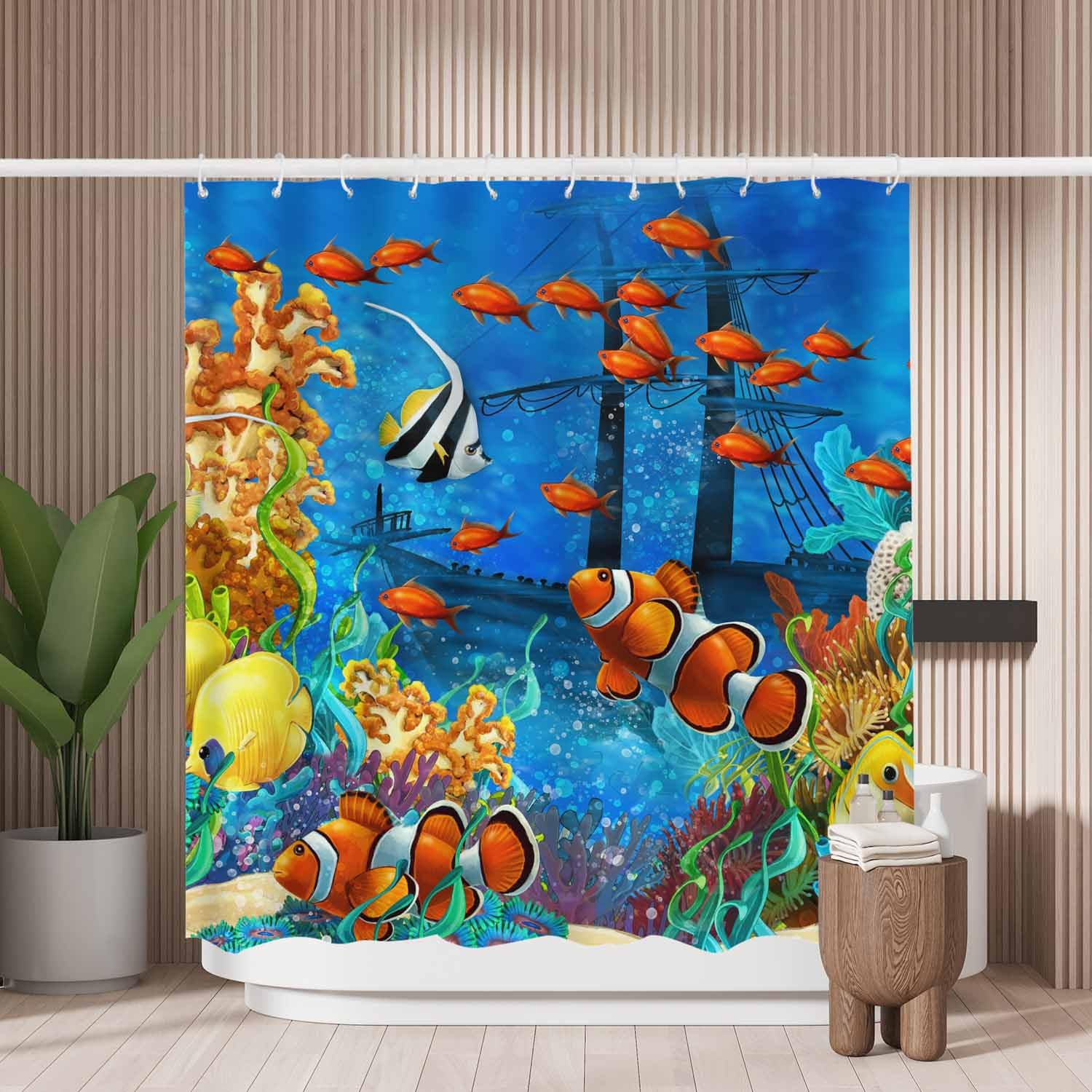 Woutay Shower Curtain Mould Proof Resistant Tropical Coral Reef Fish,Water Repellant Fabric,Polyester,with 12 Plastic Hooks,Size 180x180CM