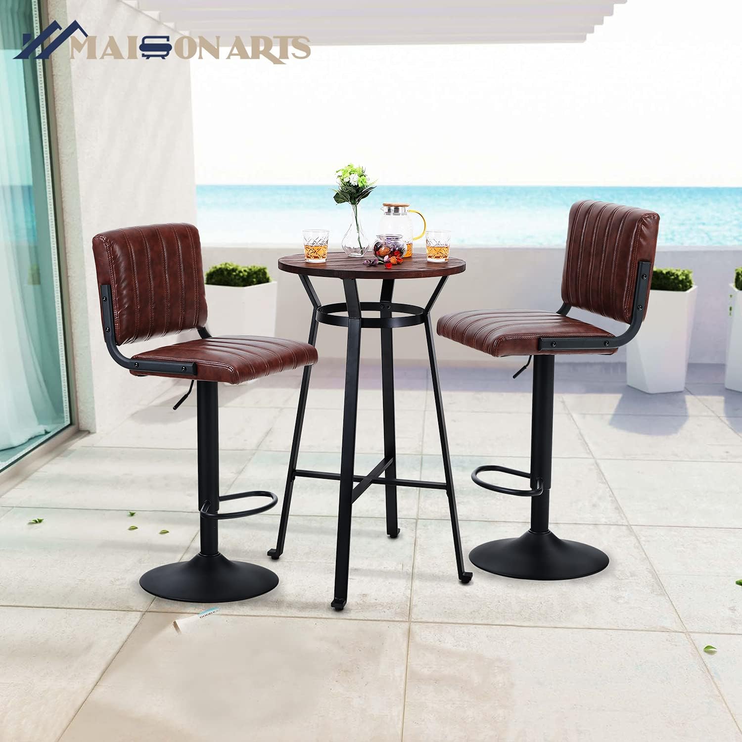 MAISON ARTS Bar Table Set of 3, Bar Height Round Bar Table with 2pcs Swivel Bar Stools 41" Pub Counter Table with Height Adjustable Barstools with Back, 1 Table & 2 Bar Stools Set, Rustic Brown: Kitchen & Dining