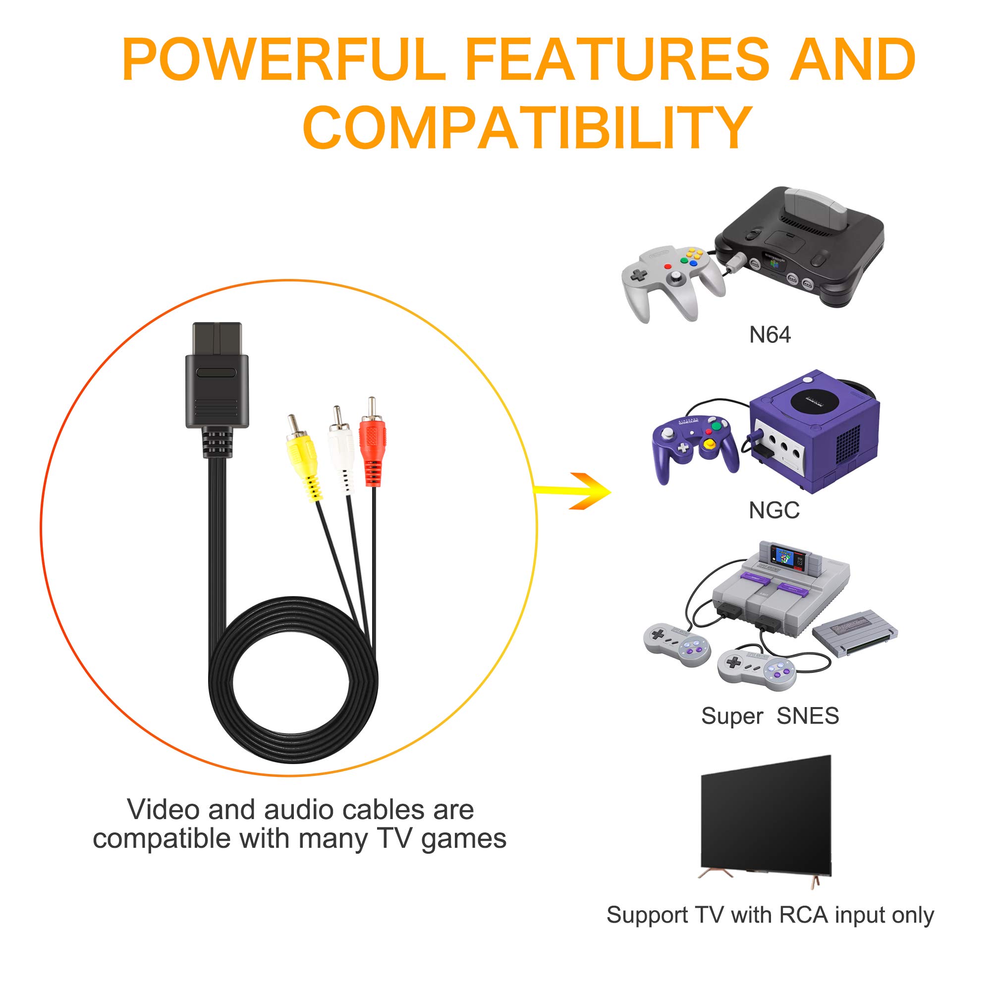 2 Pack 6Ft AV Cable N64 AV Cable Composite Retro Audio Video Standard Cord for Nintendo 64 TV Game/SNES/Gamecube/GC