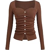 CIDER Women's Going Out Crop Tops Faux Pearl Long Sleeve Square Neck Ruched Tops Fall Spring Trendy