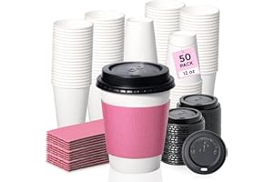 Fit Meal Prep 50 Pack 12 oz Disposable Coffee Cups with Lids and Pink Sleeves Lead-Proof Sturdy To Go Coffee Cups with Lids, 