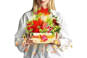 MZD8391 Pop Up Christmas Cards with Music and Lights, 11 inch Flower Bouquet Greeting Cards, Poinsettia Gifts Card Play 3 Christmas Songs (Envelope Included)