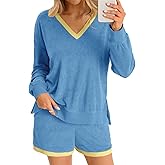 Tankaneo Womens V Neck 2 Piece Pajama Short Sets Color Block Loose Fit Long Sleeve Shirt and High Waisted Shorts Lounge Sets