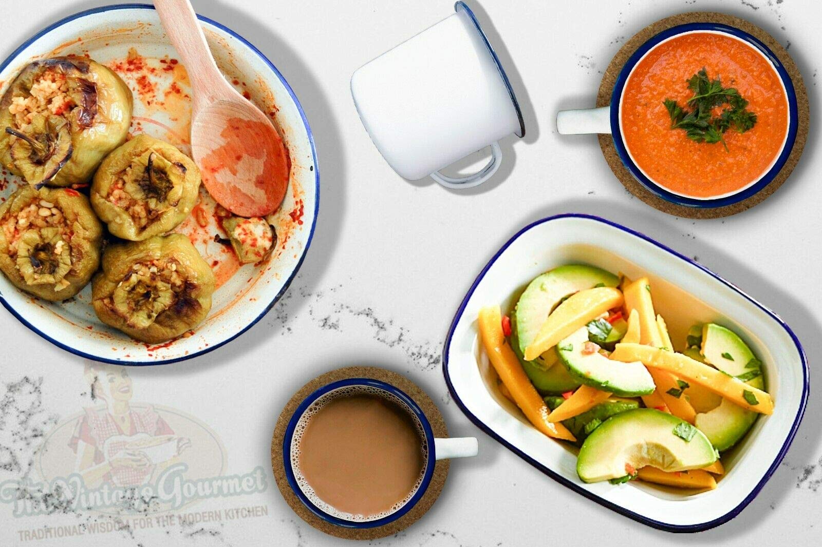 Vintage Gourmet ® Premium White Enamelware with Blue Rim, Oblong, Round Pie Dish Sets Iconic Retro Bakeware (Set of 3 Round Pie Dish 18,20,22cm)