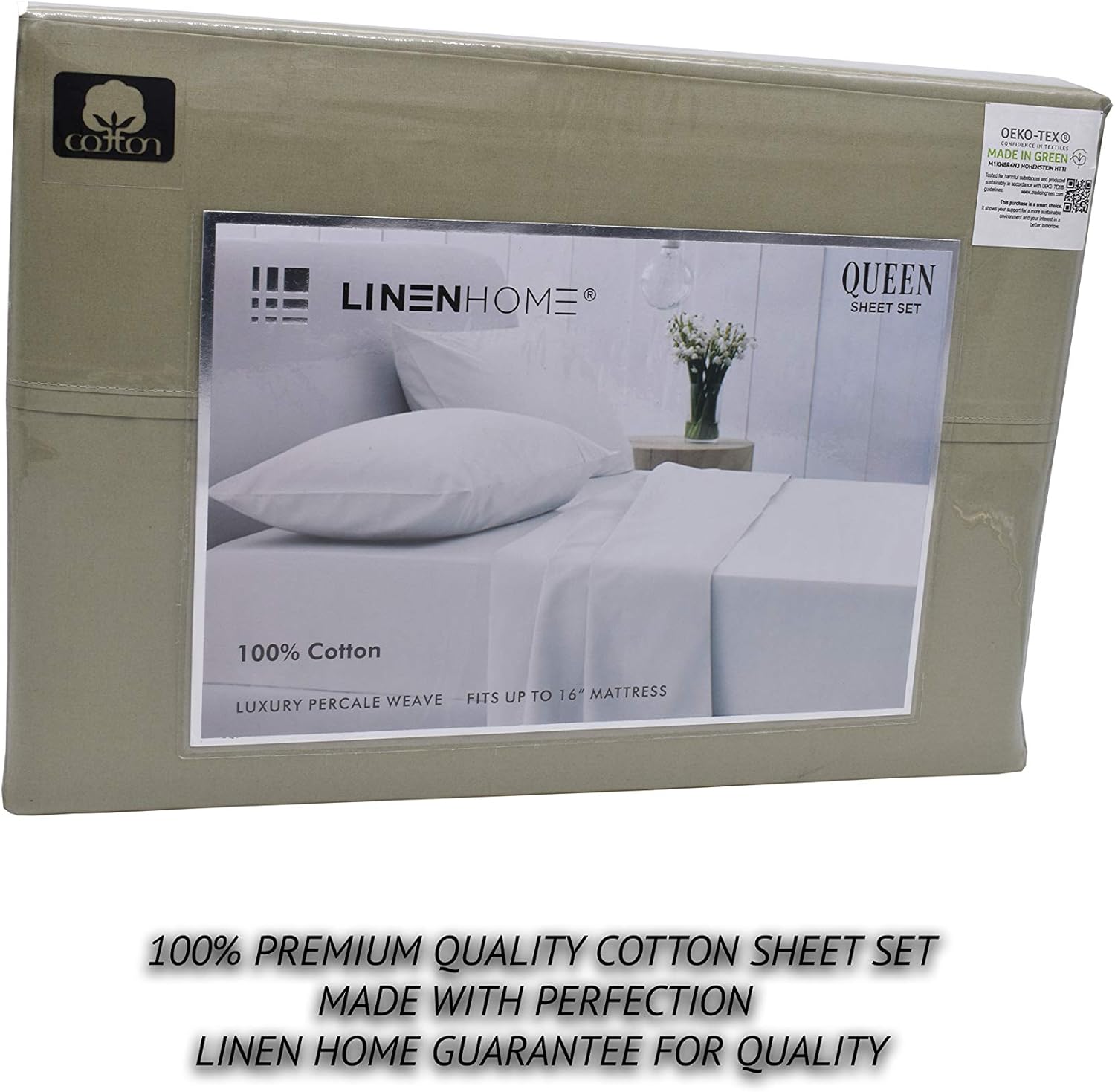 100% Cotton Percale Sheets Queen Size, Sage, Deep Pocket, 4 Piece - 1 Flat, 1 Deep Pocket Fitted Sheet and 2 Pillowcases, Crisp and Strong Bed Linen: Home & Kitchen