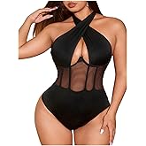 OYOANGLE Women's Plus Size Criss Cross Halter Bodysuit Cut Out Corset Sheer Backless Going Out Club Top Jumpsuit