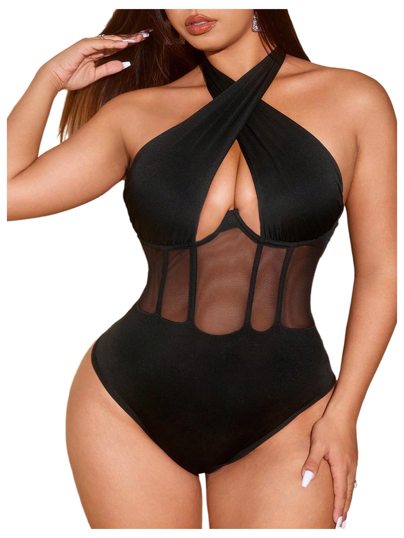 Photo 1 of OYOANGLE Women's Plus Size Corset Bodysuit Cut Out Criss Cross Halter Sheer Body Suit Top Black 3X-Large Plus