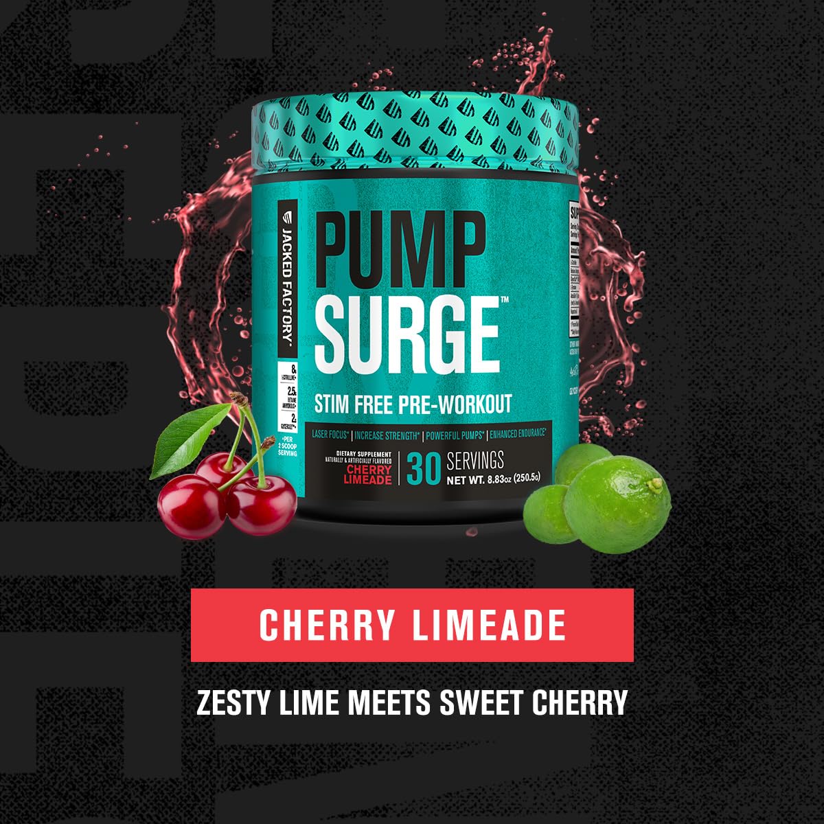 Jacked Factory Pumpsurge Caffeine Free Pre Workout for Men & Women - Nootropic Booster & Stim Free Pre Workout - Intense Pumps, Enhanced Focus - 30 Servings, Cherry Limeade