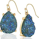 Teardrop Dangle Earrings for Women with Simulated Druzy Stones in Gold or Silver Tone