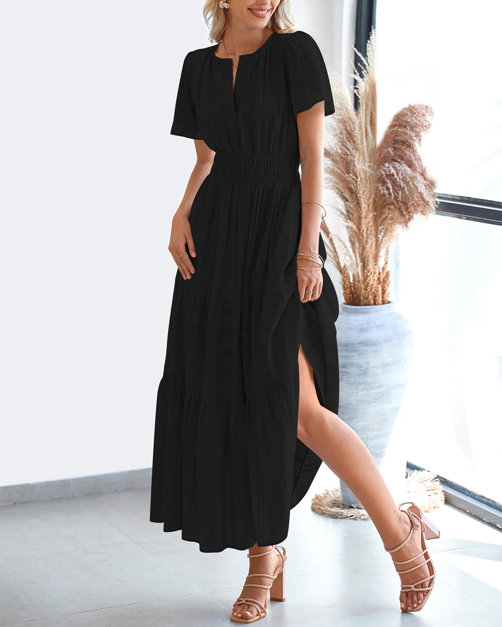 BTFBM Womens Summer 2025 Casual Midi Maxi Dresses Lightweight Short Sleeve V Neck Elastic Waist Boho Beach Dress Pockets(Black, Medium) - Image 9