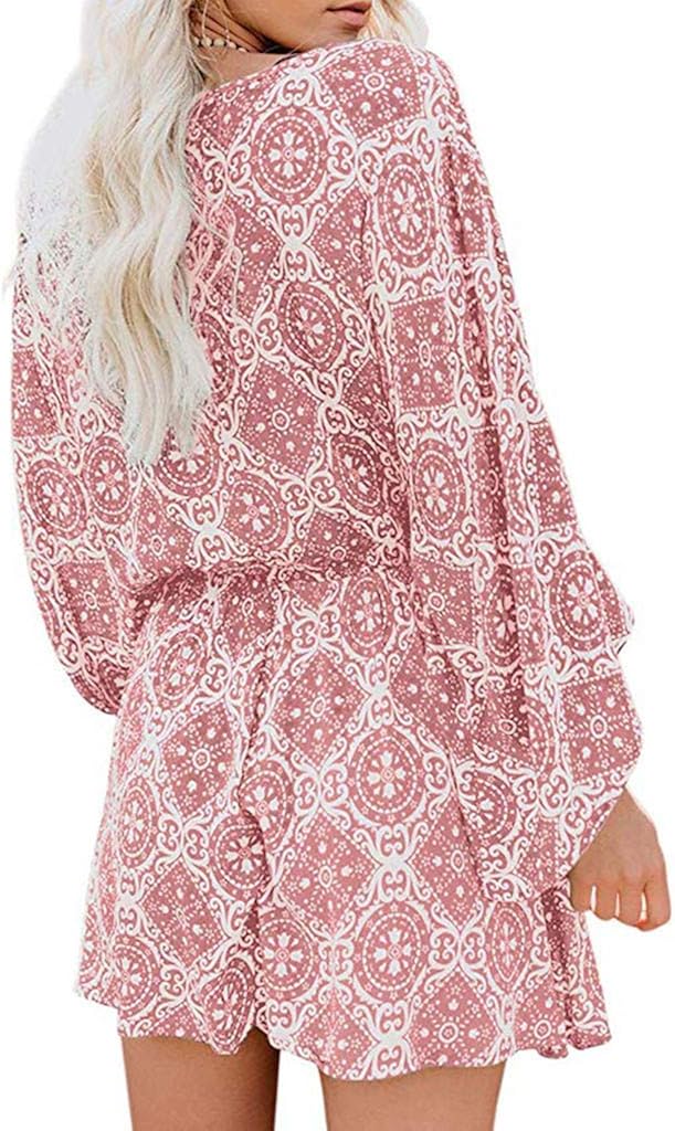 STORTO Womens Summer Jumpsuit Ladies Causal Long Sleeve V Neck Boho Rompers Playsuit Holiday Mini Jumpsuit Bodysuits: Clothing