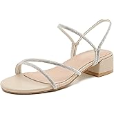 Enelauge Women's Rhinestone Strappy Open Toe Low Block Chunky Heels Sandals Backless Summer Holiday Party Wedding Dress Shoes Nude 37-6.5US