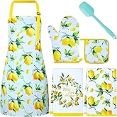 Hoolerry 6 Pcs Kitchen Apron Dish Towels Oven Mitts and Pot Holders with Spatula for Women Wife Grandma Cooking Baking Gifts