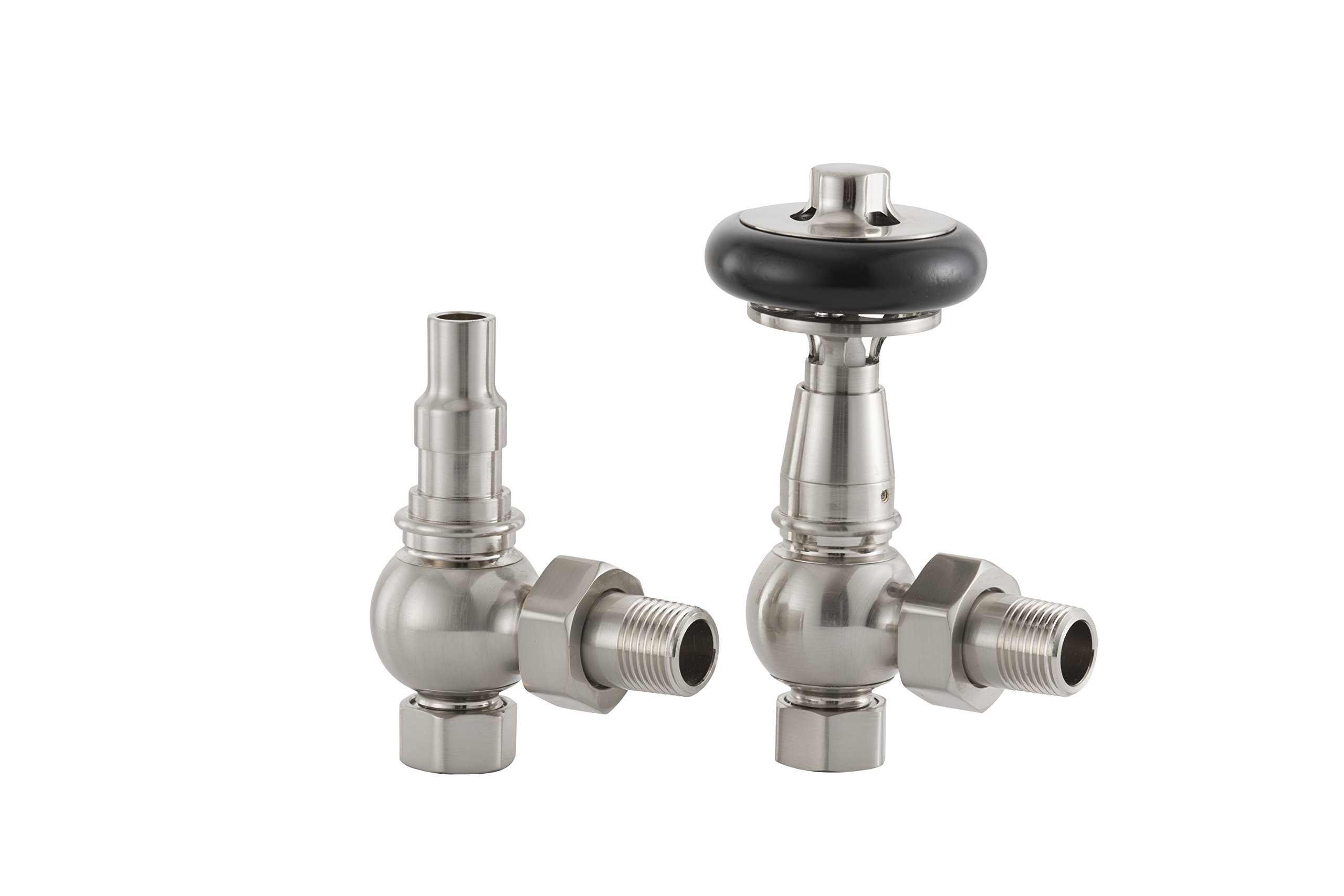 UK-28 BRN Arroll traditional thermostsic radiator valve in Brushed nickel with FSC certified black wooden wheel head & lockshield