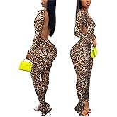 Womens Jumpsuit Long Sleeve One Piece Jumpsuits Leopard Print Sexy Backless Bodycon High Waisted Club Outfits Catsuits