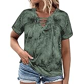 VISLILY Womens-Plus-Size-Summer-Tops Casual Lace Up Front T Shirts Tie Dye V Neck Tees Trendy Short Sleeve Tunics XL-5XL