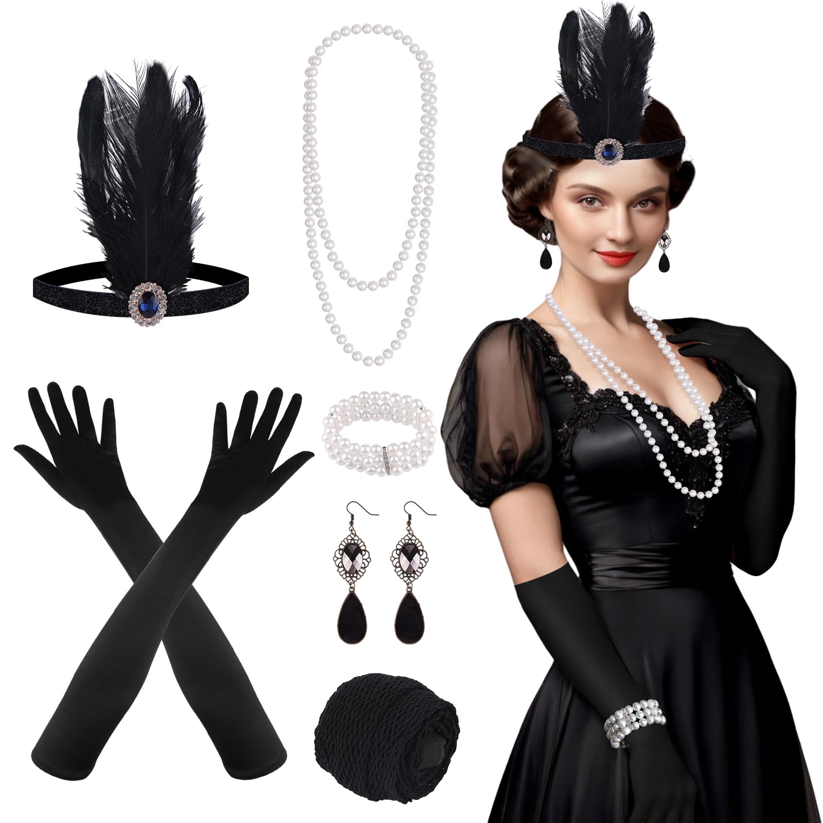 FEPITO 9 Pcs 1920s Set of Accessories Flap Headband Necklace Earrings Long Black Gloves Fishnet Tights Large Gatsby Accessories for Women (Set C)