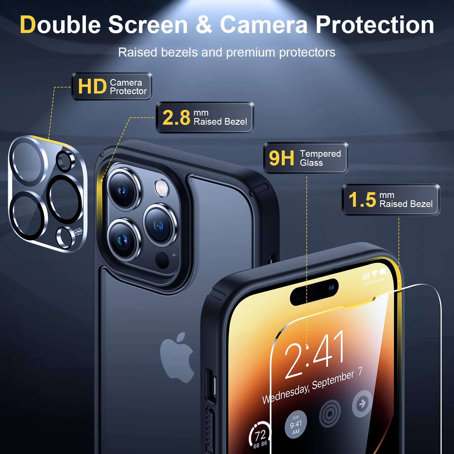 Humixx [5 in 1 Shockproof Designed for iPhone 14 Pro Max Phone Case, [2X Screen Protector + 2X Lens Protector] [Military Drop Protection] Slim Translucent Matte Case 6.7'' Black